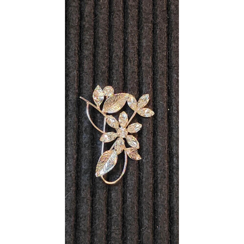 Vintage Sterling Silver and Rhinestone Flower Leo Glass Signed Brooch, Beautiful